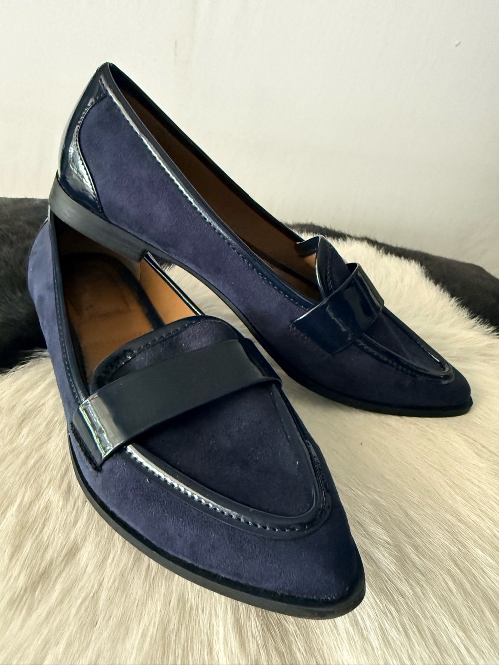 Kelly & Katie Navy Suede and Patent Trim Pointed Loafers